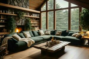 Living rooms contemporary charm with sofa, coffee table, and plants AI Generated photo