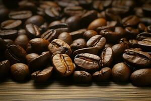 Coffee beans displayed in a close up view on a wooden table AI Generated photo