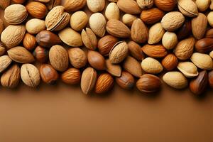 Light brown background adorned with nuts, leaving space for text AI Generated photo