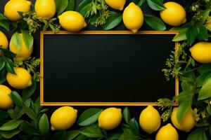 Lemon photo frame minimalism, black matte background, vibrant yellow sides AI Generated