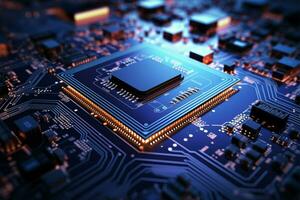 Computer circuit board with vivid light and color tech illustration AI Generated photo