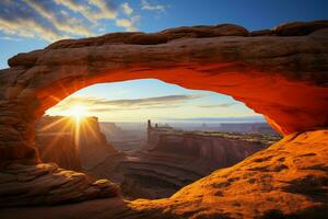 icónico colina baja arco enmarcado por el naturaleza de Canyonlands nacional parque ai generado foto