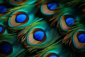 macro disparos capturar vívido pavo real plumas, ofrecimiento texto simpático antecedentes ai generado foto