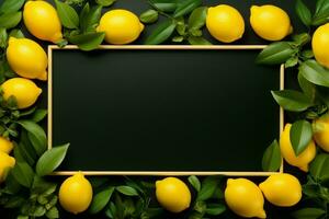 Minimalistic lemon photo frame with matte black backdrop and yellow sides AI Generated