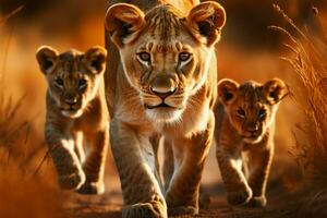 Lioness and lion cubs journey through the savannah, wild and free AI Generated photo