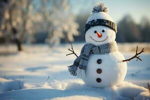 Funny snowman with quirky expression, set against a snowy landscape AI Generated photo