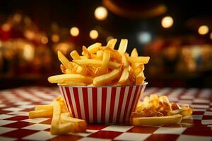 cena cesta lleno con papas fritas en un a cuadros fondo, Listo para texto ai generado foto