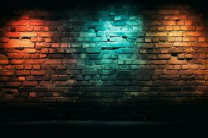 Grunge brick wall with textured effect illuminated in modern colors AI Generated photo