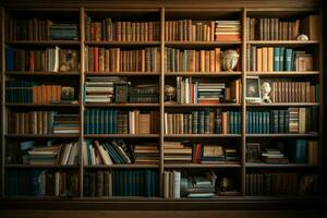 A bountiful collection of old fashioned books on a massive wooden bookshelf AI Generated photo