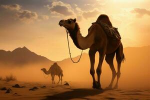 Camel weathers desert sandstorm during the sundowns hazy embrace AI Generated photo