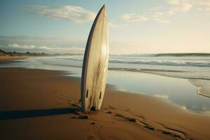 en el soledad de un salvaje playa, un tabla de surf encuentra serenidad ai generado foto