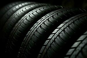 Car tires stacked in abstract arrangement, showcasing tread diversity AI Generated photo