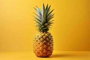 A warm, sweet pineapple on a soft yellow background with text space AI Generated photo