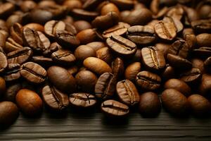 Coffee beans displayed in a close up view on a wooden table AI Generated photo