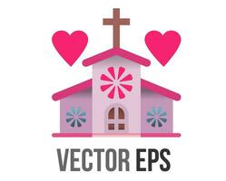 Vector Christian wedding pink church icon with cross and red heart on the building