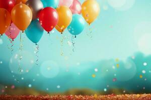 Balloons in bright colors set against a textured confetti background AI Generated photo