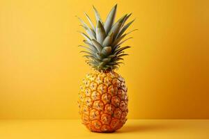 A warm, sweet pineapple on a soft yellow background with text space AI Generated photo