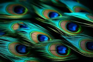 Macro shots capture vivid peacock feathers, offering text friendly backgrounds AI Generated photo