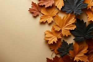 Autumn leaves in a top down pattern on a soft brown background AI Generated photo