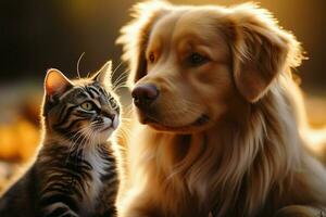 un de pura raza perro Comparte un juguetón momento con un sonriente gatito ai generado foto