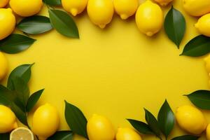 Minimalistic lemon frame, soft yellow matte background, and vibrant zest AI Generated photo