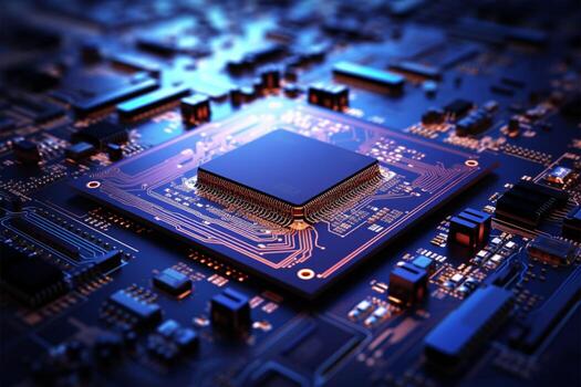 Computer circuit board with dynamic light and color technology illustration AI Generated photo