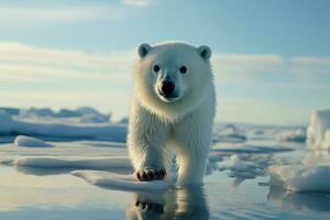 linda ártico mamífero hace ojo contacto con el cámara en hielo ai generado foto