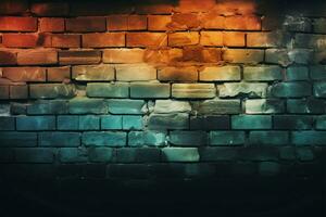 Grunge brick wall with textured effect illuminated in modern colors AI Generated photo