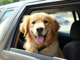 Happy dog riding in a car with its head out the window AI Generative photo