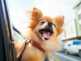 Happy dog riding in a car with its head out the window AI Generative photo