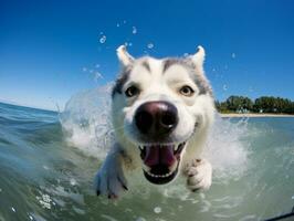 contento perro jugando en el playa ai generativo foto