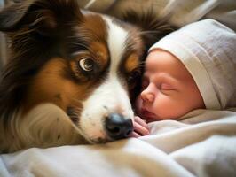 amoroso perro acariciando un recién nacido bebé en un cuna ai generativo foto