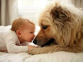 amoroso perro acariciando un recién nacido bebé en un cuna ai generativo foto