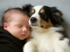 Loving dog nuzzling a newborn baby in a crib AI Generative photo