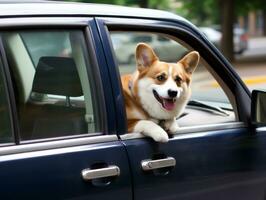 Happy dog riding in a car with its head out the window AI Generative photo