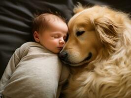 Loving dog nuzzling a newborn baby in a crib AI Generative photo