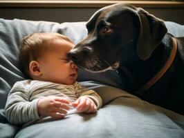 Loving dog nuzzling a newborn baby in a crib AI Generative photo