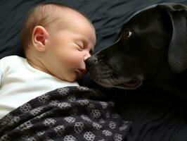 Loving dog nuzzling a newborn baby in a crib AI Generative photo