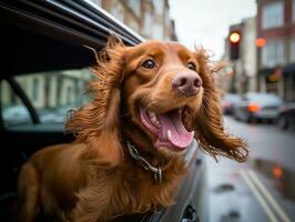 Happy dog riding in a car with its head out the window AI Generative photo