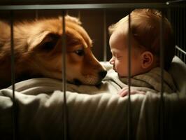 amoroso perro acariciando un recién nacido bebé en un cuna ai generativo foto