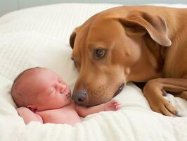 Loving dog nuzzling a newborn baby in a crib AI Generative photo