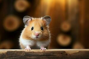 Adorable hamster close up, fluffy cheeks, whiskers, textured rustic wooden background AI Generated photo