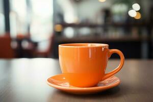Orange coffee cup rests peacefully on a tabletop surface AI Generated photo