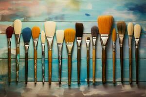 Brushes arranged for artistic creativity on a textured wooden canvas AI Generated photo