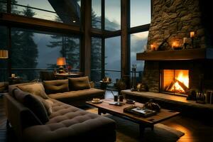 Inviting living room with a fireplace, set against a mountain backdrop AI Generated photo