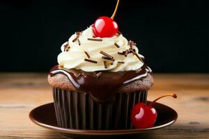 Chocolate cupcake adorned with a luscious red cherry on top AI Generated photo