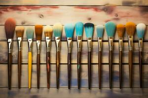 Artistic serenity Watercolor brushes neatly arranged on textured wooden surface AI Generated photo