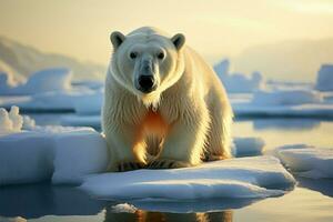 Majestic polar bear on an expansive ice floe, a stunning sight AI Generated photo