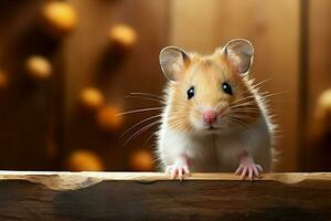 Close up of a cute hamster, fluffy cheeks, rustic wooden backdrop AI Generated photo