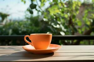 In the open, an orange cup rests on an outdoor table AI Generated photo